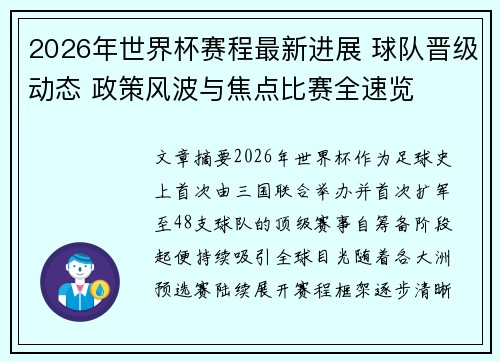 2026年世界杯赛程最新进展 球队晋级动态 政策风波与焦点比赛全速览