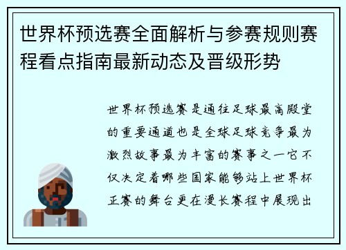 世界杯预选赛全面解析与参赛规则赛程看点指南最新动态及晋级形势