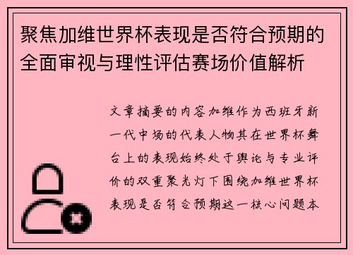 聚焦加维世界杯表现是否符合预期的全面审视与理性评估赛场价值解析
